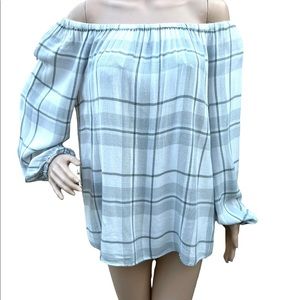 Two By Vince Camuto Plaid Flowy Top Off The Shoulder